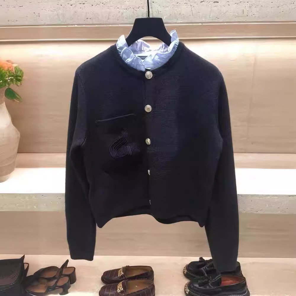 法单S家2022年秋冬新款黑色短外套拼接木耳边针织开衫外套女