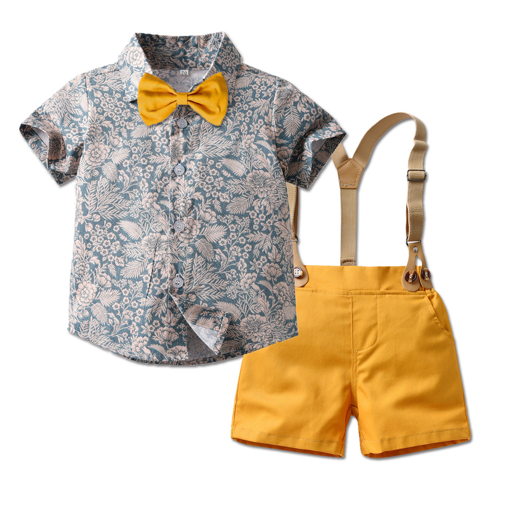 Mother & Kids children's suits boys short-sleeved printed shirt overalls bow tie beach style cross-border children's dress wholesale_voghion.com