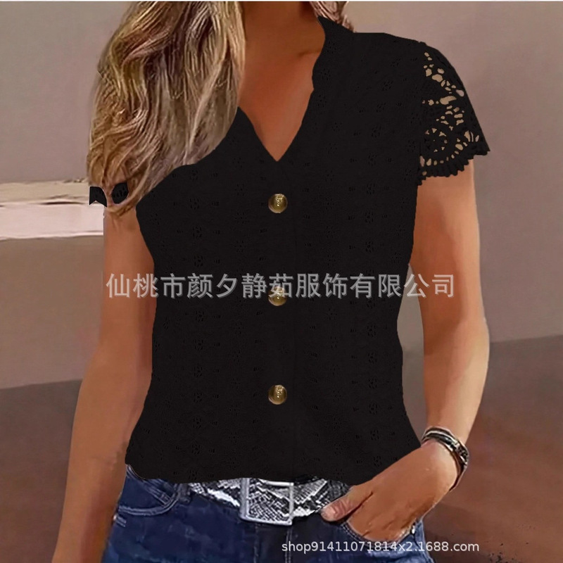V-Neck Lace Splicing Cut Out Embroider Front Button Spring and Summer Short-Sleeved Top