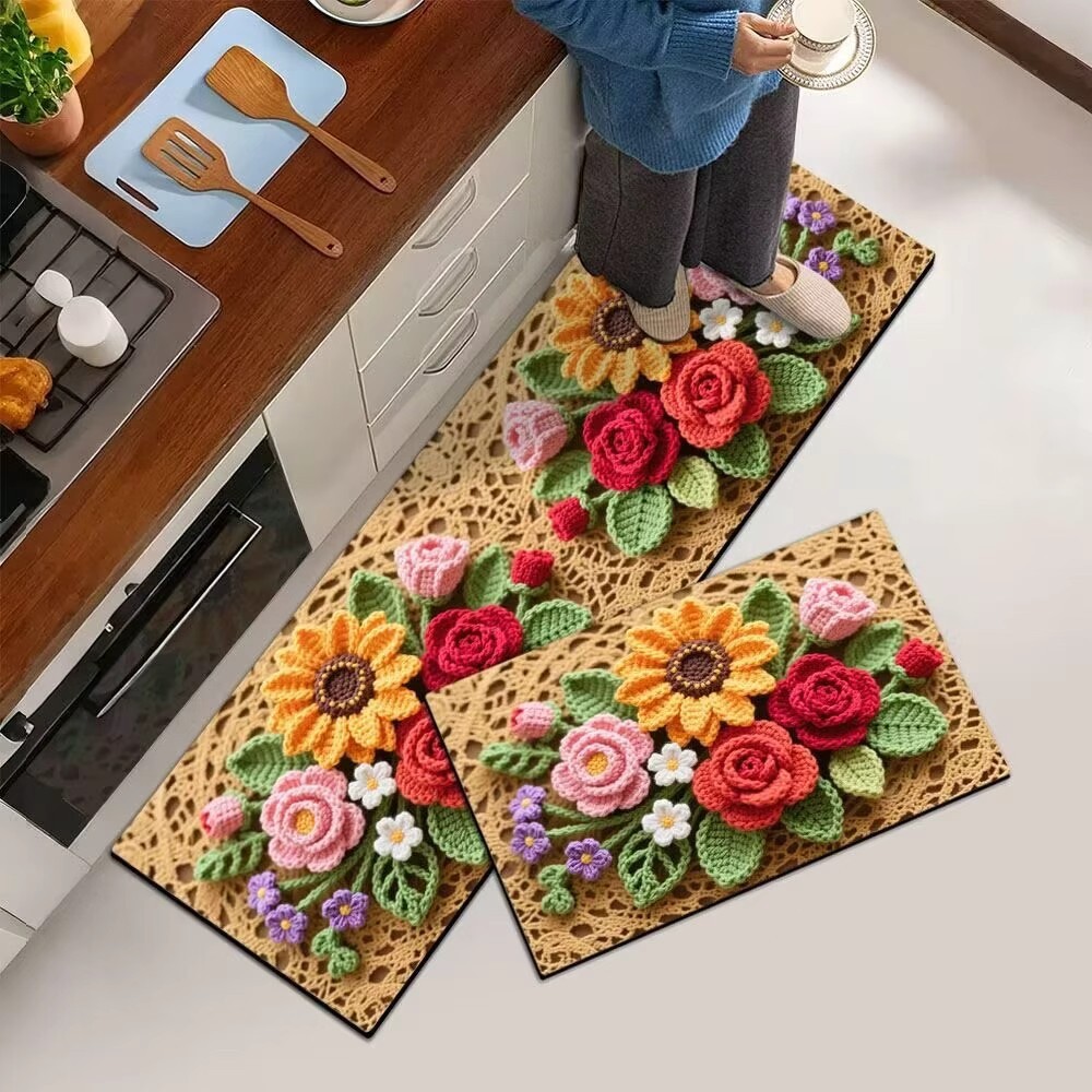 Flower Woven Style Kitchen Floor Mat, Water-Absorbent Non-Slip Carpet, Household Diatom Mud Door Mat, Quick-Drying and Easy to Clean Feet