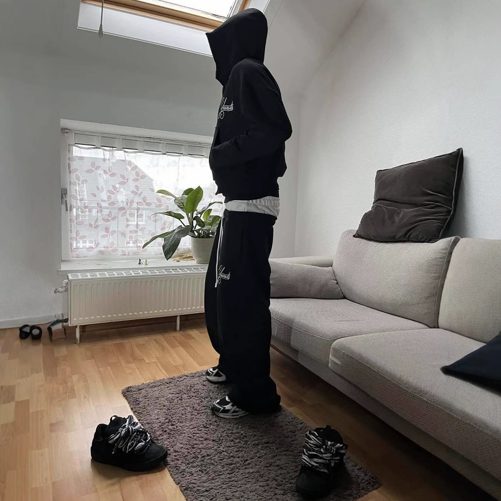 Pantalones deportivos grises de doble cintura para hombre, estilo hip-hop, holgados, de pierna ancha, informales, de talle alto y ajuste holgado.