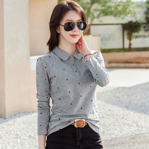 Cross-border spring new women's long-sleeve T-shirt with stylish collar polo shirt Korean version slim fit comfortable temperament base shirt