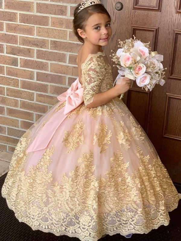 Vestido de niña para bodas transfronterizo, vestido de princesa hinchado de manga media con encaje para cumpleaños y actuaciones infantiles, vestido largo.