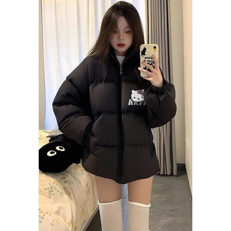 黑色立领休闲羽绒服女2024冬季新款爆款保暖宽松百搭卡通印花外套