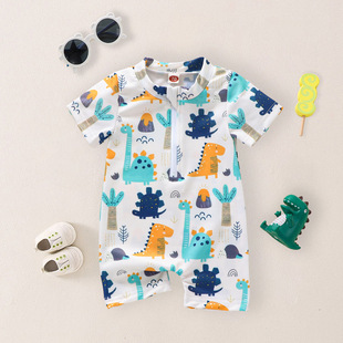 Children's Swimsuit Short-Sleeved Dinosaur One-Piece Boys and Girls Swimsuit Baby Swimsuit 3 Months to 4 Years Old Dinosaur Cartoon
