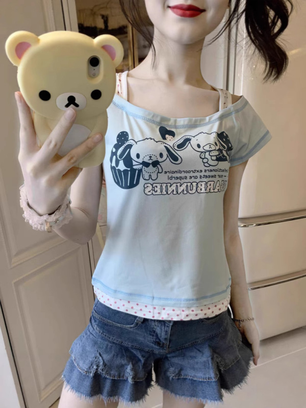 日本製甘くて可愛いソフトガール子供服デザートウサギ水玉キャミソールフェイクツーピース半袖Tシャツトップス|undefined