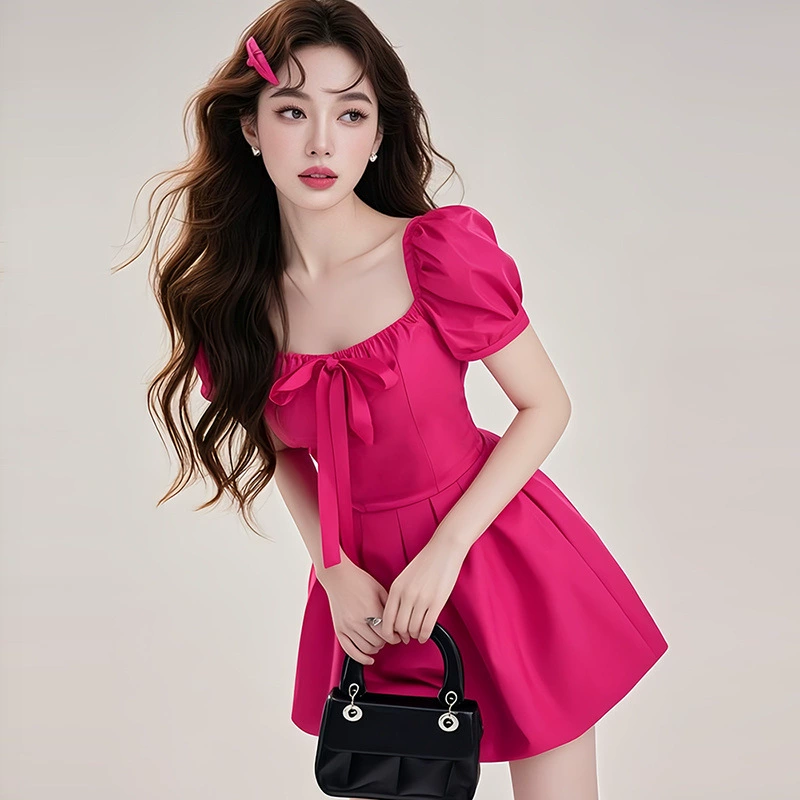 Женское летнее платье Dopamine Rose Red, новинка 2025 года, высококачественное французское платье для похудения с талией