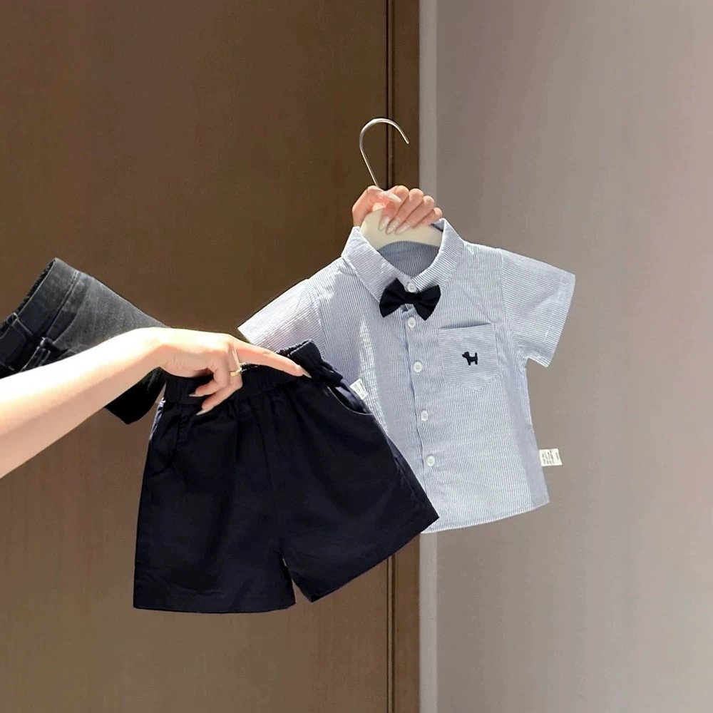 【Must-Buy】Boys' Summer Academy-Style Shirt and Shorts Set, Stylish Korean Two-Piece Outfit with Bow Tie