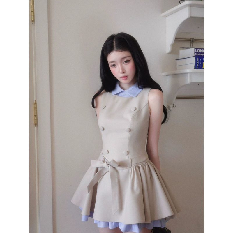 Gaozhi Muse French-Style Elegant Double-Breasted Dress for Women, Summer Waist-Cinching Slimming Tie Dress