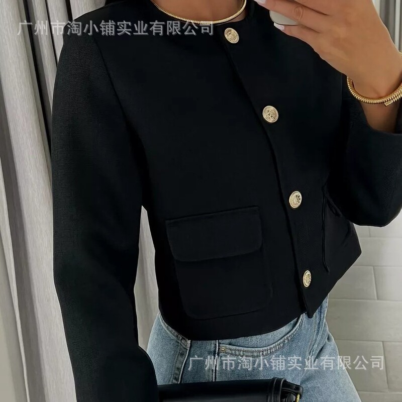 Korean Style 2025 New Short Jacket Black Round Neck Retro Metal Buckle Design Top Super Exquisite