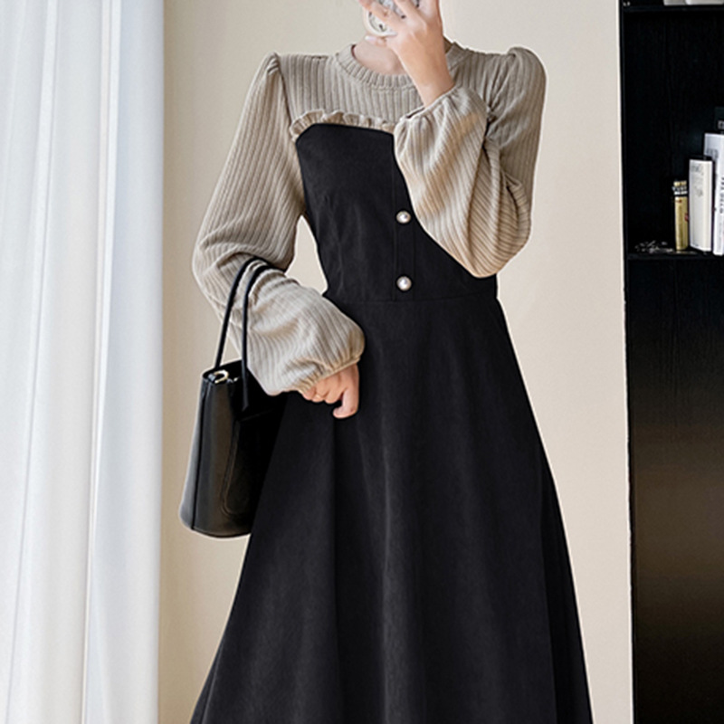 내부 가을 및 겨울 페이크 투피스 세트의 여자 코듀로이 원피스 매치 베이스 긴 원피스 코트 할로윈