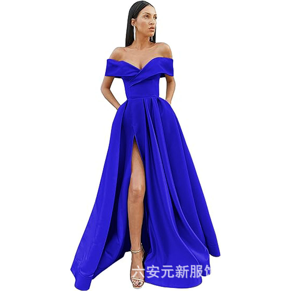 Amazon Comercio exterior fuera del hombro prom vestido de noche largo split sexy Fiesta de las mujeres vestido de banquete