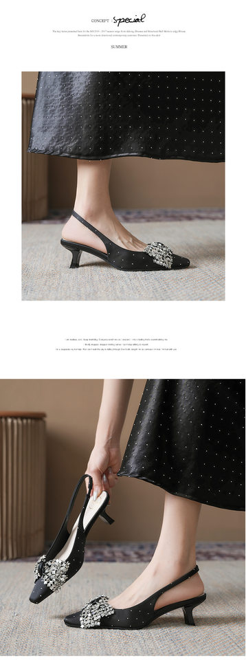 Sandal nữ bít mũi hở gót gót vuông đính đá thắt nơ, quai co giãn — Màu be, Màu hồng nhạt, màu đen chi tiết 11