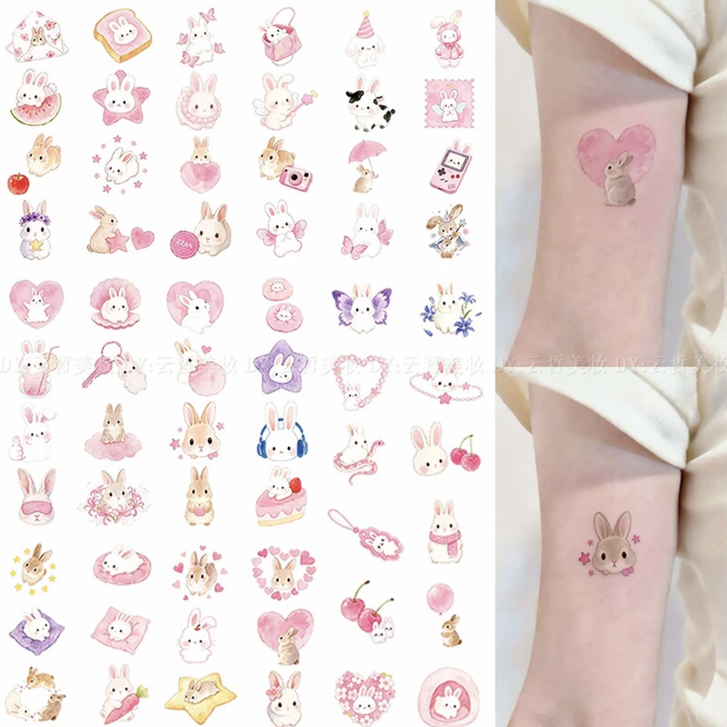 Cute Bunny Colorful Tattoo Stickers, High Aesthetic Value, Sweet and Fresh Style, Waterproof, Long-Lasting, Non-Reflective, Arm Ins Stickers