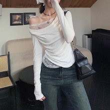 纯欲蕾丝拼接假两件韩版斜肩长袖针织衫女早秋修身显瘦短款上衣女