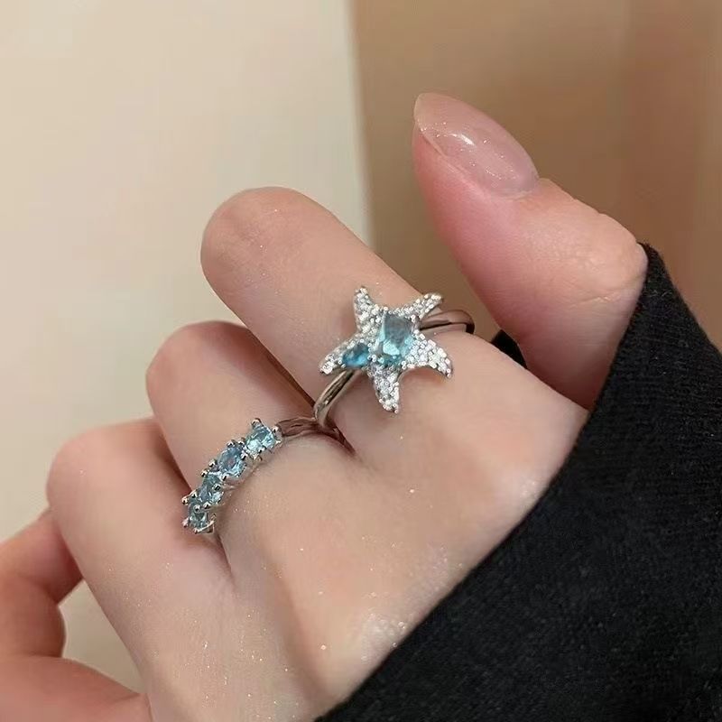 蓝色星星锆石戒指女轻奢小众高级感食指戒时尚个性叠戴可调节指环|undefined