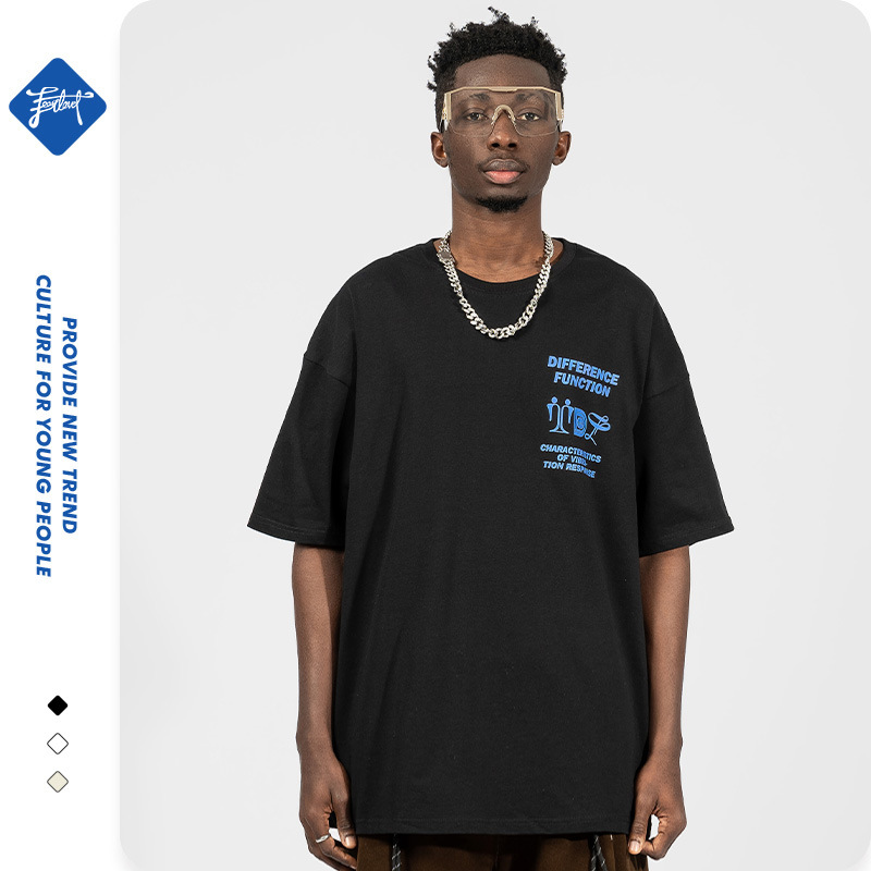 Vyriški trumpomis rankovėmis 220 g pavasario-vasaros medvilniniai laisvi marškinėliai paaugliams su kinišku abstrakčiu spaudiniu_voghion.com