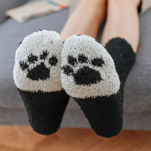 Floor socks for women, coral velvet socks, women's winter thickened cute cat claw home plush sleeping socks, women's sleeping socks