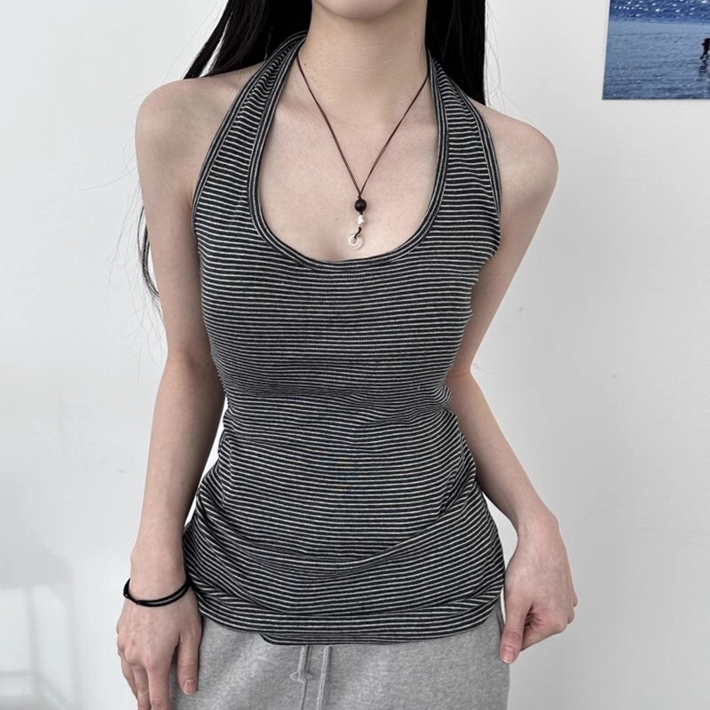 Pure Cotton Thread Foundation Striped Color Matching Halter Vest Women's Summer New Niche All-match Slim Look Outer Wear Short Top Pure Cotton Thread Foundation Striped Color Matching Halter Vest Women's Summer New Niche All-match Slim Look Outer Wear Short Top