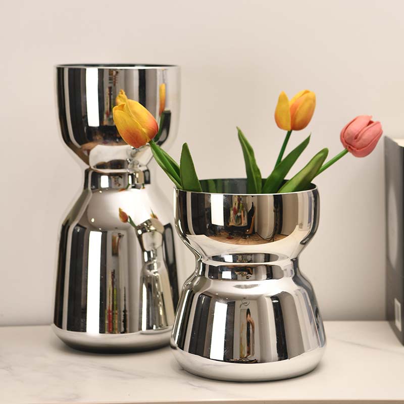 Nuevo nórdico lujo ligero alto sentido plateado jarrón de vidrio de pesas decorativo para el hogar flor flor seca flor