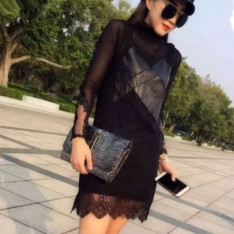 深圳南油2025秋季新款网纱拼真皮高领修身连衣裙绵羊皮打底裙中裙