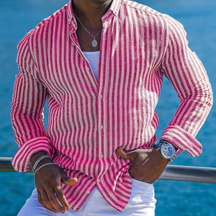 Casual Men's Long-sleeved Shirt Korean Style Button Vertical Pattern Thin All-match Comfortable New Style Top MB12