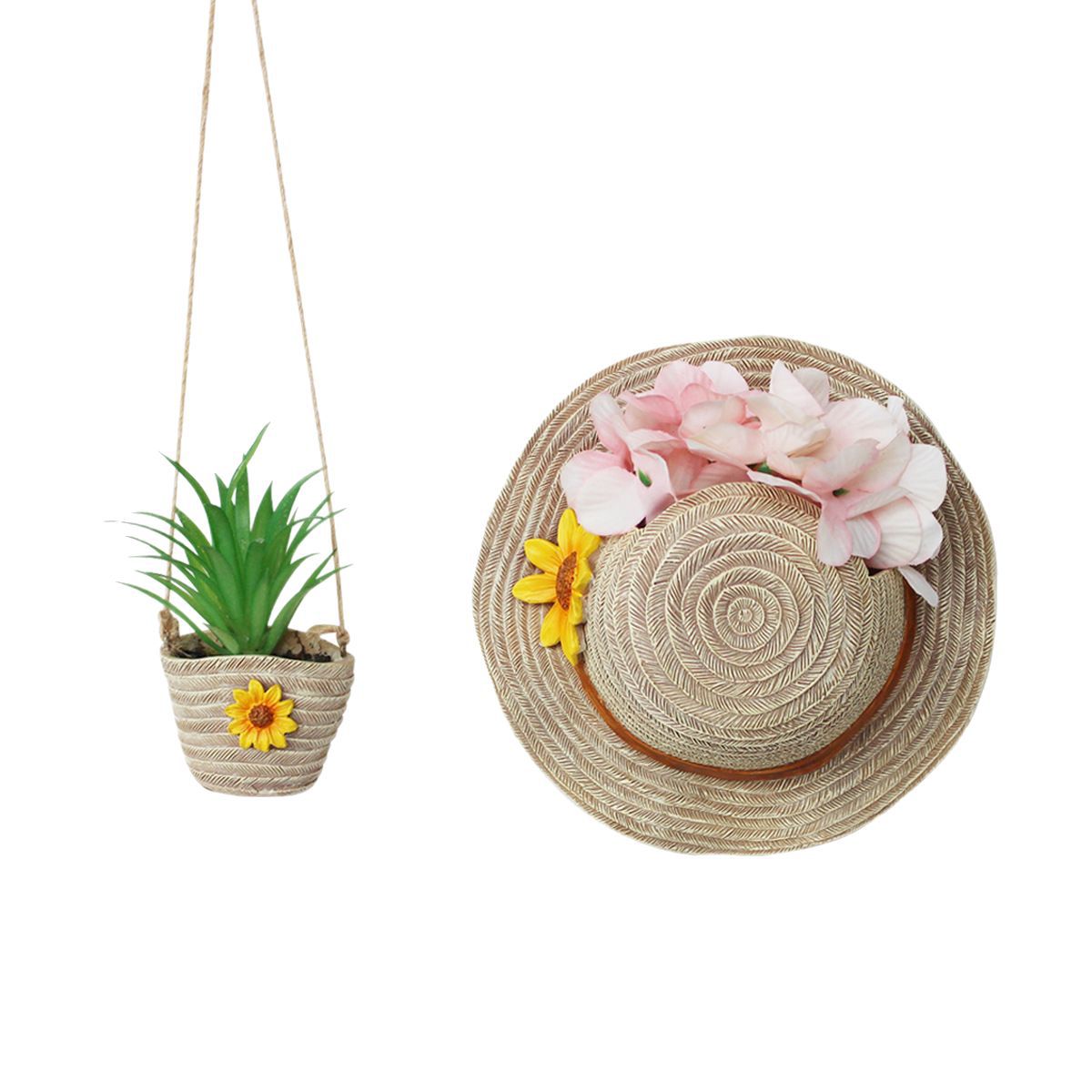   simulation straw hat bag modeling flowerpot small bunch of flowers home decoration wall decoration resin crafts now