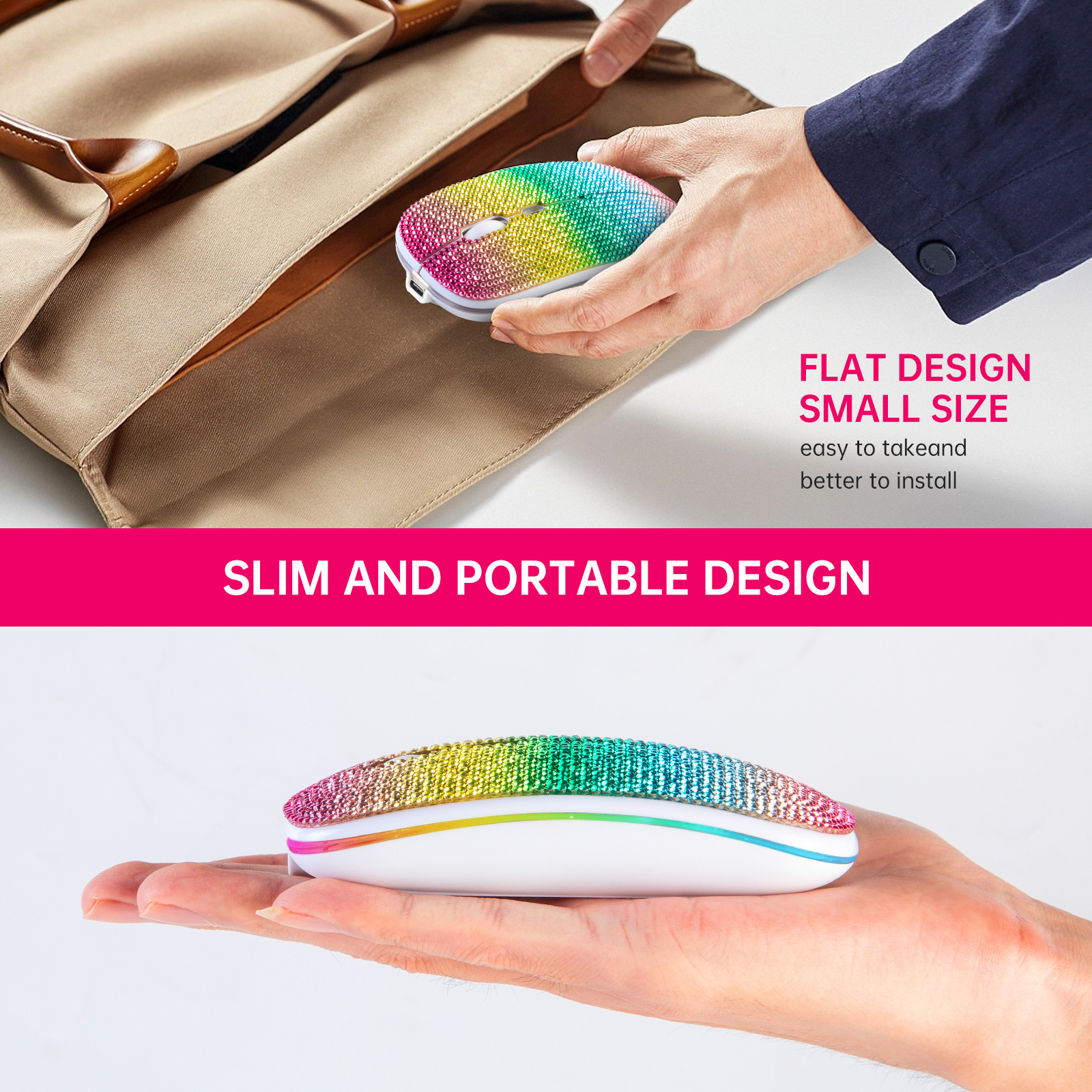 Bling Dazzling Mouse With Rhinestone Embroidery USB Bluetooth Dual Mode Illuminated Rechargeable Silent Wireless Computer Mouse_voghion.com