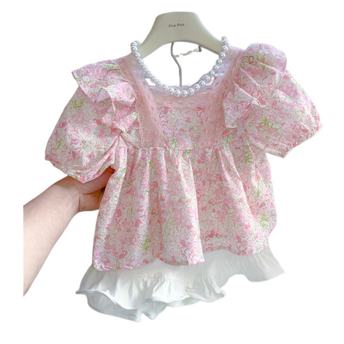 Child star Yuan 2024 summer children's Korean short-sleeved tops girls baby temperament sweet pink lace shirt