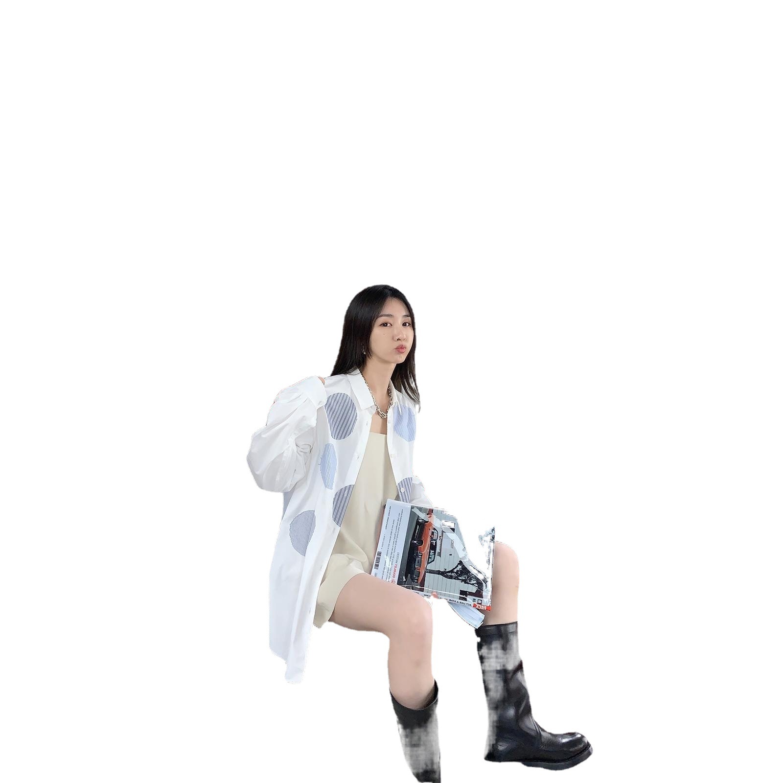 [재고] VC 화이트 셔츠 여성용 패치 스팀 웨이브 봄 새로운 디자인 감각 틈새 셔츠
