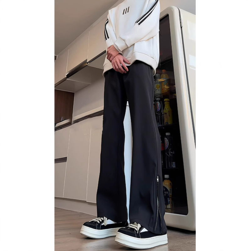 Cleanfit Micro-Flared Ice Silk Dress Pants for Men, Stylish Street Straight-Leg Suit Pants with Drape and Side Zipper, Summer