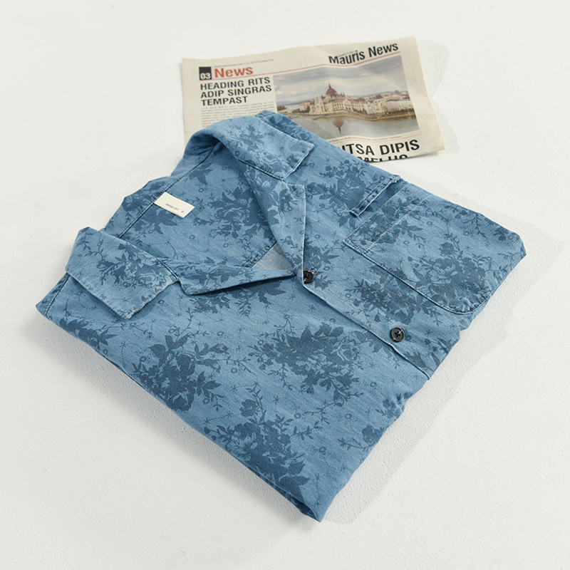 Camicia da uomo estiva alla moda con stampa floreale, colletto cubano, maniche corte in denim, disponibile per il dropshipping Z945_voghion.com