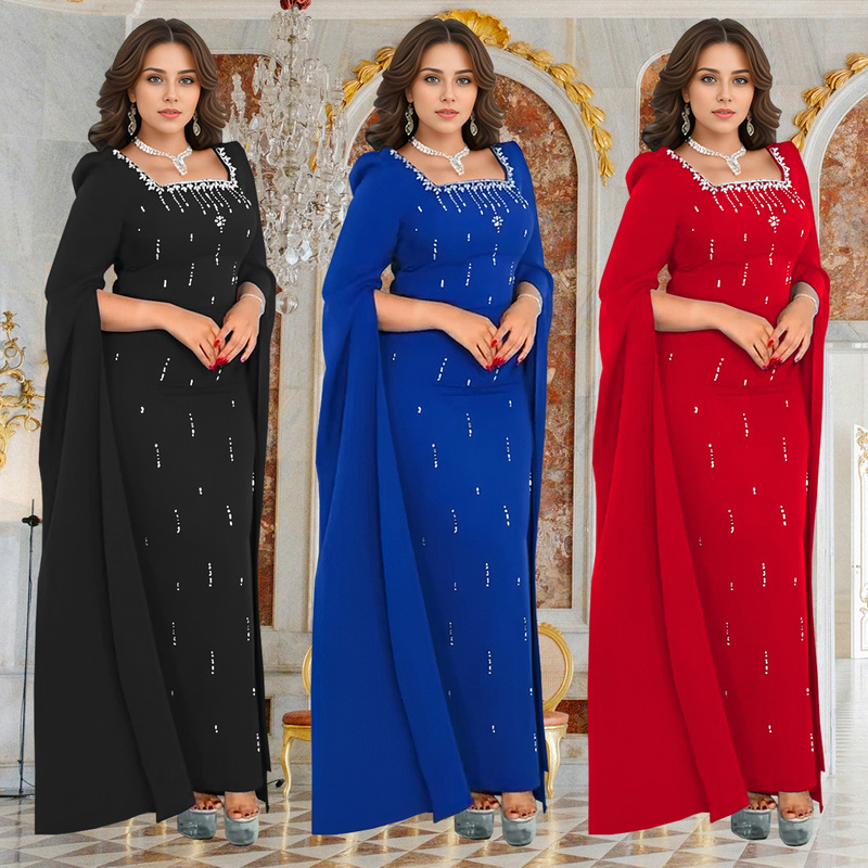 C7259 Cross-border AliExpress Amazon European and American Fashion Women's Rear Split Cloak Sleeve Rhinestone Elegant dress