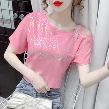 网红心机露肩短袖t恤女2023年夏季宽松设计感烫金印花上衣潮