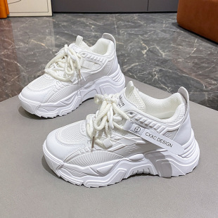 2024 Autumn Double Mesh Thick Soled Dad Shoes Easiest for Match Casual Breathable Running Shoes Black and White Korean Style Plaid Sports Shoes