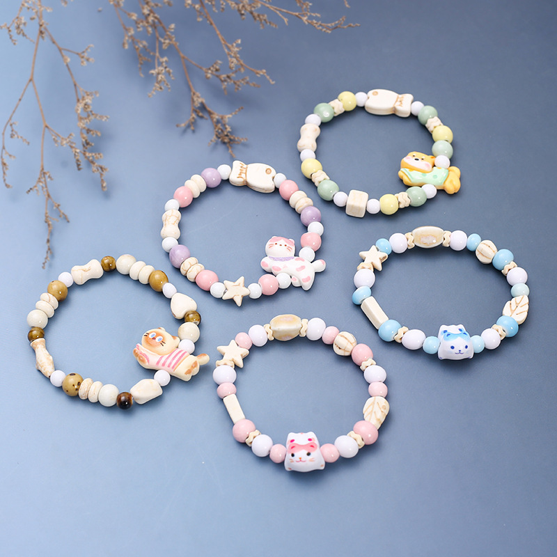 Cute Cartoon Ceramic Kitten Bracelet for Women, Niche Ins Design, Unique Bracelet Beads, Cross-Border Jewelry