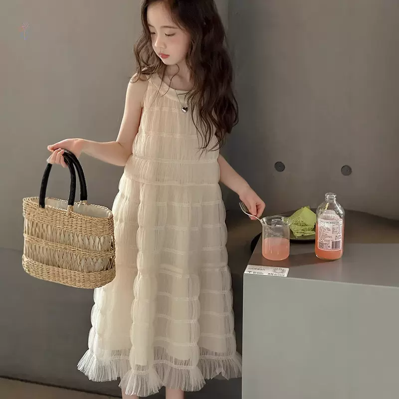 女童连衣裙夏季2025新款儿童洋气无袖背心裙女孩网纱纯色公主长裙