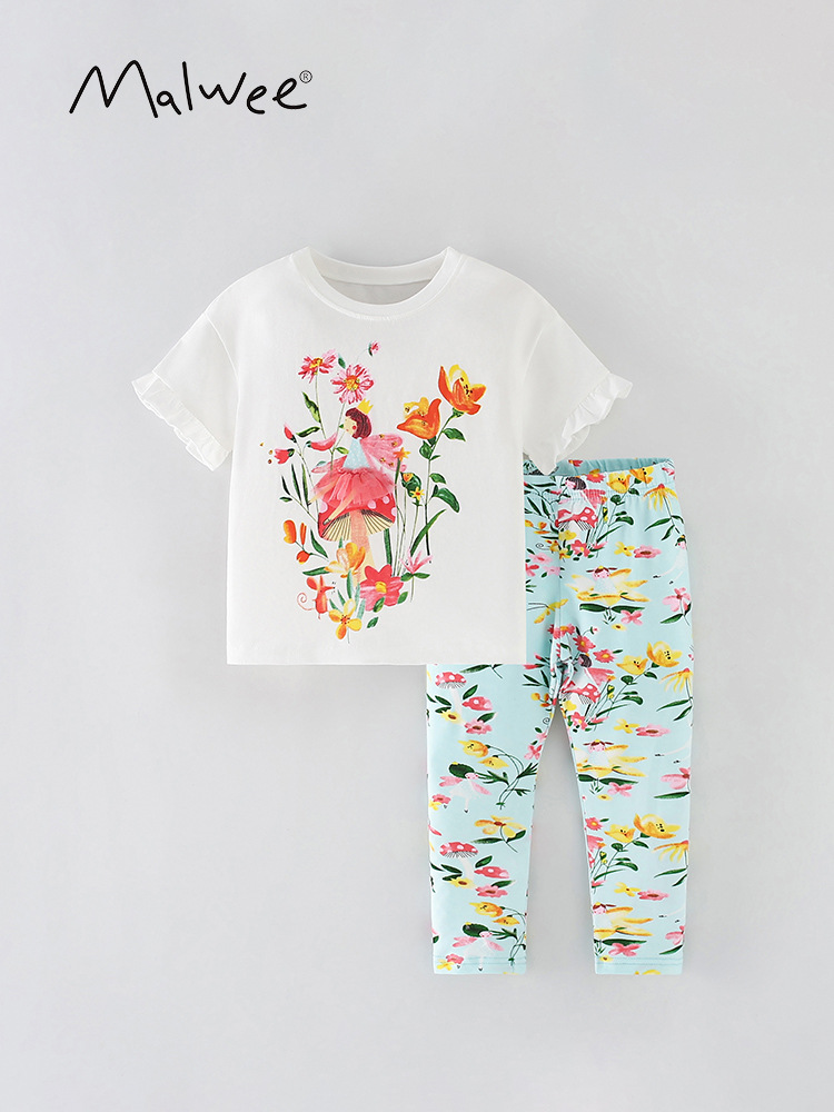 Ropa para niñas malwee transfronterizas, novedad de verano, pantalones informales de manga corta con cuello redondo para niños europeos y americanos, conjunto de dos piezas de estilo occidental