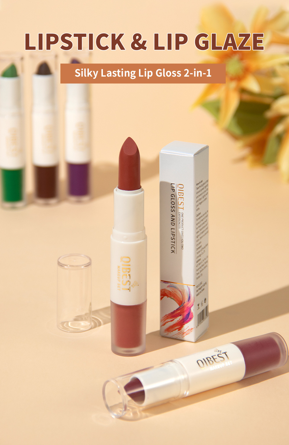 QIBEST double-headed velvet makes the lips look fair and red, does not fade easily, matte non-stick cup, long-lasting natural three-dimensional lip gloss, cross-border details Picture