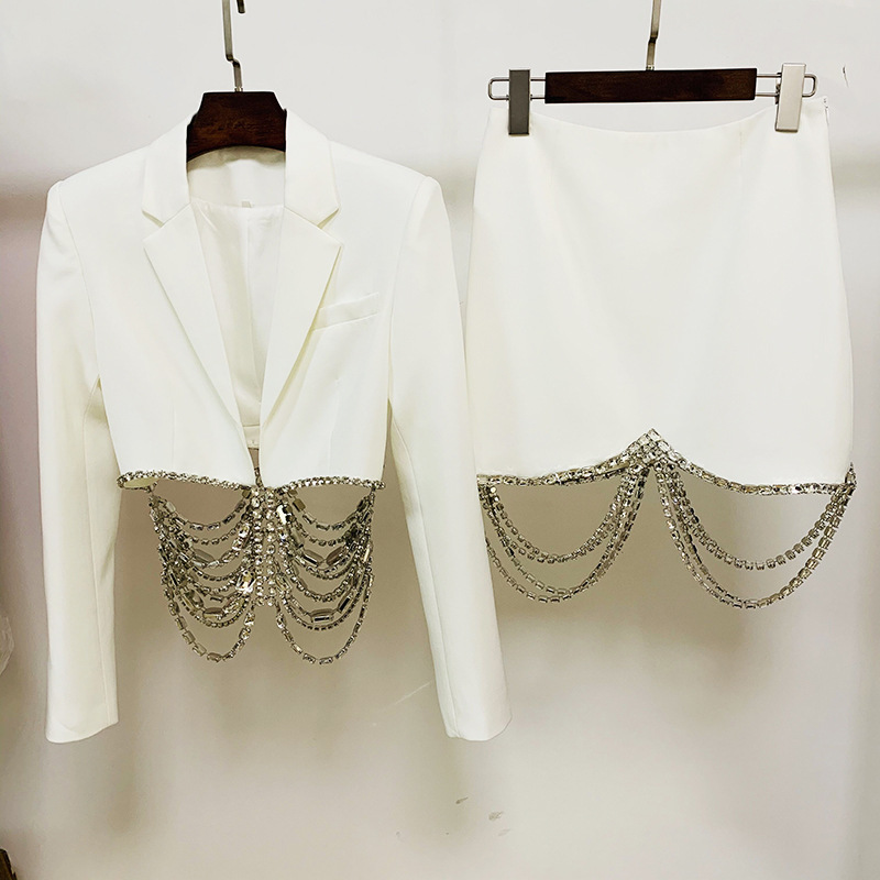 Rhinestone Chain Beaded Tassel Short Skirt Set Two Piece Set