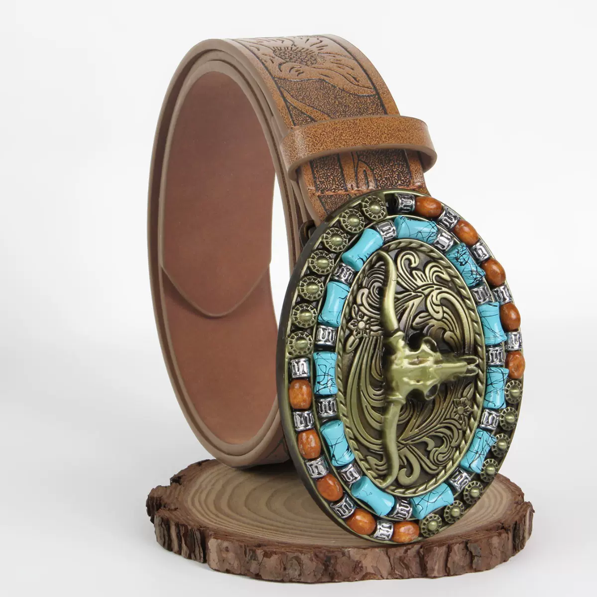 跨境复古风牛头板口女士腰带波西米亚风格压花腰带复古百搭黄棕色