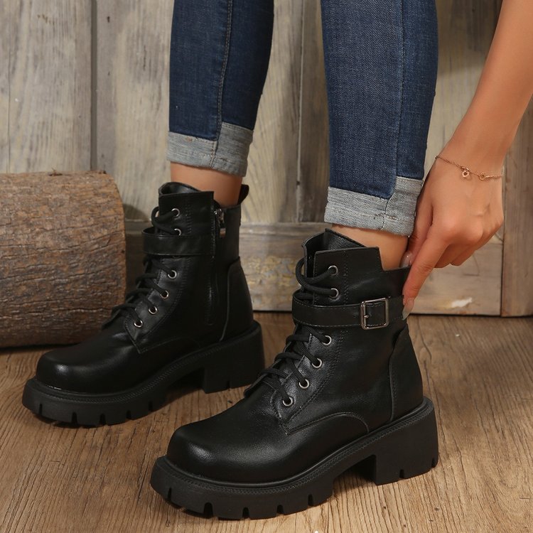 New autumn winter British style motorcycle boots thick soled belt buckle vintage ankle boots plus size_voghion.com