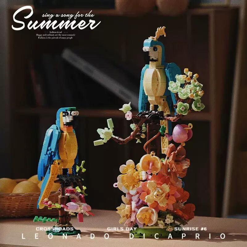 小鸟积木鹦鹉花男女生拼装DIY模型潮玩仿真花家居创意摆件