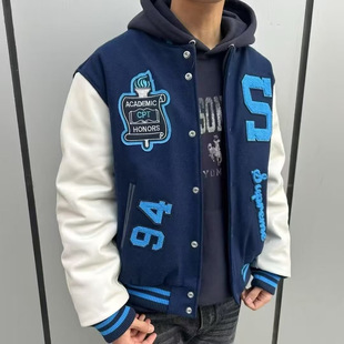 European and American Style Baseball Jacket Spring and Autumn Trendy Brand Heavy Craft Embroidery Patchwork Leather Sleeve Biker Versatile Jacket Cross-Border Coat
