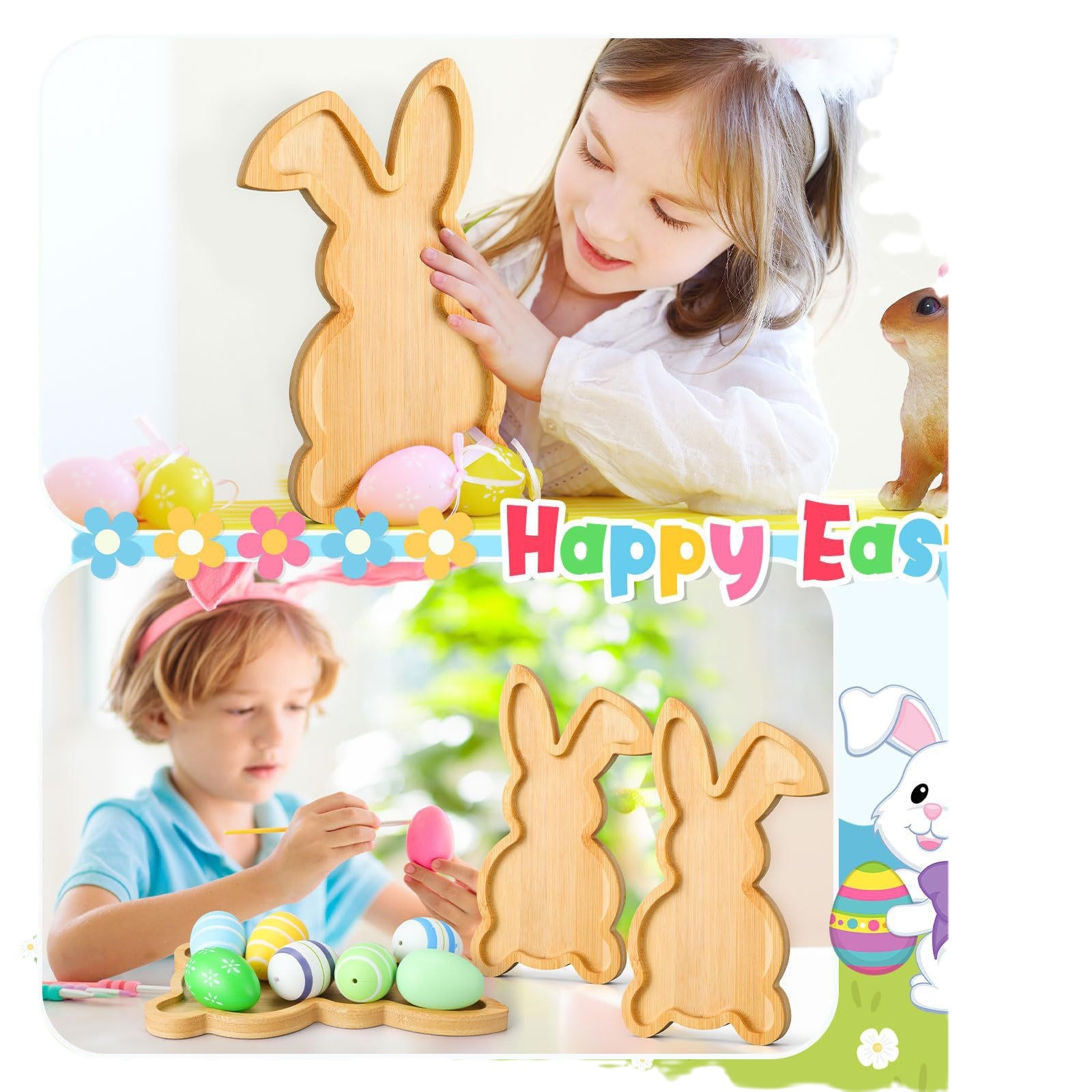 Bambú conejo forma de fruta bocadillo plato de comida de madera para bebés plato de decoración de fiesta de Pascua