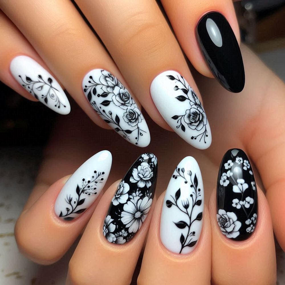 Comercio extranjero venta caliente parche de uñas falsas flores blancas y negras de alta calidad manicure estilo chino tinta almendra para vestir piezas de uñas