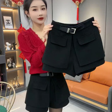 美拉德短裤春秋外穿冬款大码女裤假两件遮肚休闲短裤短裙打底裤群