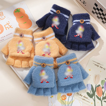 儿童手套冬季男女童保暖卡通半指翻盖指套宝宝加绒加厚小学生露指