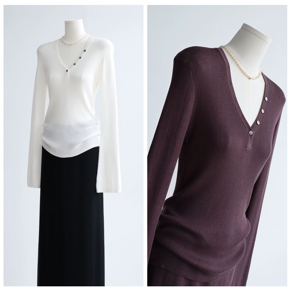 Ранняя осень, элегантный трикотаж из лиоцелла с тремя нитками и v-образным вырезом, тонкий пуловер с длинными рукавами и половиной планки, топ для похудения и универсальный новый