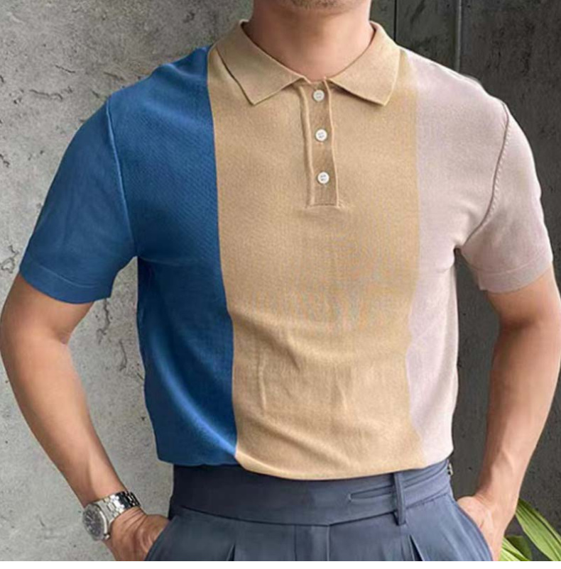 2024 New Men's Summer Contrast Spliced Men's Knitwear Short Sleeved Business Polo Shirt_voghion.com
